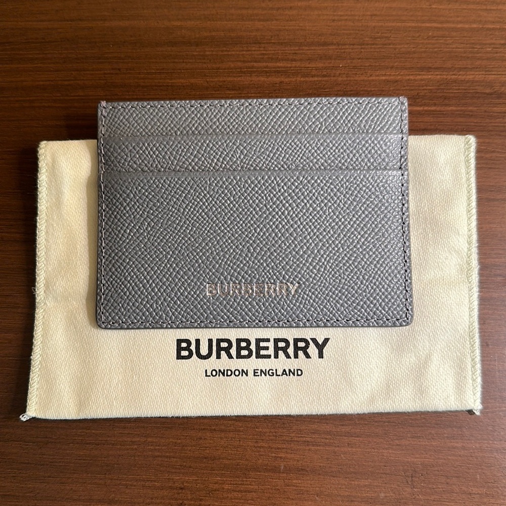 Burberry Grey Blue Grained Leather Sandon Card Case Wallet Unisex